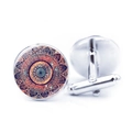 Silver cufflinks with orange and blue mandala pattern under glass for men's shirts - Orange Brown Lake Blue Totem (JY006654-10)