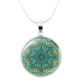 Silver yoga mandala flower pendant necklace with teal kaleidoscope glass stone charm - Kaleidoscope Geometric (JY006645-12)