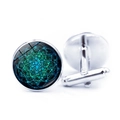 Silver men's shirt cufflinks featuring blue mandala pattern under glass cabochon - Blue Green Black Dot Abstract Pattern (JY006654-11)