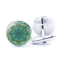 Silver cufflinks for men featuring a green and blue mandala kaleidoscope glass pattern - Green Yellow Blue Intertwined Kaleidoscope (JY006654-12)