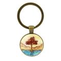 Porte-clés Arbre de Vie en bronze avec pendentif cabochon en verre artistique arbre rouge - Arbre de Vie Rouge Montagnes au Coucher du Soleil (JY006585-8)