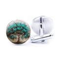 Silver cufflinks for men featuring a blue tree of life glass dome artistic design - Teal Background Brown Tree (JY006601-7)