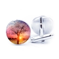 Silver cufflinks featuring a Tree of Life artistic glass dome for men shirt - Pink Purple Orange Sunset Tree (JY006601-11)