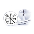 Boutons de manchette boussole Viking argentés avec dôme en verre et fermoir en T - Style Viking Vegvisir Noir Blanc (JY006545-10)