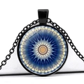 Blue mandala glass gem pendant necklace with black chain in geometric kaleidoscope style - Dark Blue White and Yellow Kaleidoscope Pattern (JY006626-7)