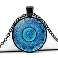 Blue mandala glass gem pendant necklace with black alloy chain for yoga meditation - Cyan and Purple Blue Mandala Pattern (JY006626-8)