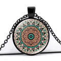 Bohemian mandala glass dome pendant necklace with turquoise and purple patterns - Cyan Purple and Brown Contrast Bohemian Pattern (JY006626-9)