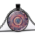 Mandala yoga pendant necklace with orange and blue symmetry pattern and black chain - Orange-Red and Dark Blue Mandala Pattern (JY006626-10)
