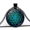 Mandala flower glass dome pendant necklace with black metal chain and blue geometric patterns - Blue Green and Cyan Dotted Mandala (JY006626-11)