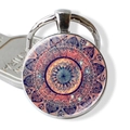 Round mandala yoga keychain with orange purple geometric glass dome in silver finish - Orange-Purple Mandala (JY006649-10)
