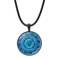 Blue mandala glass pendant necklace with black cord strap and geometric floral pattern - Bright Blue Time Gem Mandala (JY006648-8)
