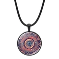 Mandala flower glass dome pendant necklace with black woven cord and round bronze frame - Retro Geometric Mandala (JY006648-10)