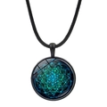 Blue and green mandala glass pendant necklace with a black woven wax cord strap - Blue Polka Dot Art Mandala (JY006648-11)