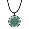 Green and yellow mandala pattern pendant necklace with black cord and glass cabochon - Yellow-Green Time Gem Mandala (JY006648-12)