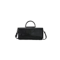Elegant black snake pattern handbag with circular metal handle and detachable strap - Black