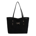 Fashionable black suede tote bag with golden bow ornament and spacious interior for commuting - Black