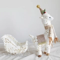 Christmas plush reindeer with sleigh desktop ornament in white faux fur and gold patterns - Reindeer Sleigh Style