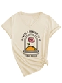Detail of V-neck cream T-shirt with 'Taco Belle' graphic and side-tie knot styling - S / Tops / Sand (Black Print)