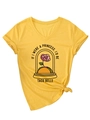Detail view of yellow V-neck T-shirt featuring rolled sleeves and a knotted hem design - S / Tops / Yellow (Black Print)