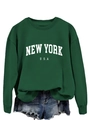 Dettaglio della stampa grafica New York USA su felpa verde scuro e shorts di jeans - Verde Scuro (Carattere Bianco)