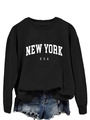 Dettaglio della stampa New York USA su tessuto nero della felpa in cotone a girocollo - Nero (Carattere Bianco)
