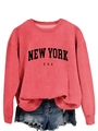 Dettaglio felpa girocollo rosa corallo con stampa nera New York USA stile casual - Rosso (Carattere Nero)