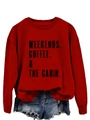 Detail of red crewneck sweatshirt featuring black WEEKENDS COFFEE and CABIN text print - S / Red Sweatshirt (Black Letters)