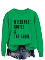 Detail of green crewneck sweatshirt featuring Weekends Coffee & The Cabin printed text - S / Grass Green Sweatshirt (Black Letters)