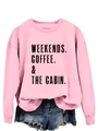 Detail of pink crewneck sweatshirt featuring WEEKENDS COFFEE & THE CABIN black text print - Pink (Black Letters)