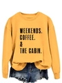Detail of ginger crewneck sweatshirt with WEEKENDS COFFEE & THE CABIN black print - Yellow (Black Letters)