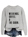 Detail of grey sweatshirt with Weekends Coffee The Cabin print and denim shorts - Gray (Black Letters)
