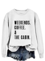 Detail of white cotton sweatshirt with Weekends Coffee Cabin print tucked into denim shorts - White (Black Letters)