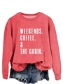 Detail of red crewneck sweatshirt featuring white vintage Weekends Coffee The Cabin print - Red (White Letters)