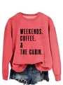Detail of coral red crewneck sweatshirt with weekends coffee cabin text and denim shorts - Red (Black Letters)