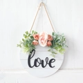 Pink rose wooden round door wreath with black love text and natural jute rope - Pink Rose LOVE Plate Style