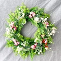 Artificial spring wreath with pink flowers, white berries, and eucalyptus leaves - Pink White Fern Eucalyptus Style