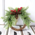 Artificial Christmas wreath with pine needles, red berries, pine cones and golden bells - Christmas Pine Red Berry Bell Style