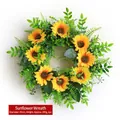 Artificial yellow sunflower wreath with green leaves, 45cm diameter for door decoration - Sunflower Wreath Style