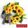 Vibrant sunflower wreath with green leaves and black-white plaid bow, 37cm diameter - Bowknot Sunflower Wreath Style