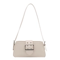 Borsa a spalla baguette beige minimalista con fibbia argentata e dettagli di occhielli - Bianco