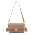 Khaki crossbody bag with gold buckle and interchangeable patterned woven shoulder strap - Khaki