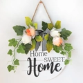 White wooden Home Sweet Home door sign with orange silk roses and striped ribbon - Rose Home Sweet Home Wood Hanging