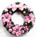 60CM roze kerstkrans met grote strik, kerststerren en ornamenten op groen dennenhout - Met Strik / Roze