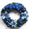 60cm Kerstkrans met blauwe strikken en ornamenten op groene dennennaalden basis - Met Strik / Blauw