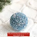 Sky blue 8cm Christmas foam ball with sequins and beads on a soft knit background - Sky Blue Beaded Christmas Ball