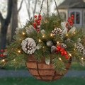 Cesta navideña colgante con ramas de pino, bayas rojas, piñas y cálidas luces LED - 40*25cm / Corona de Cesta Colgante