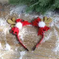 Serre-tête de Noël avec bois dorés, nœud rouge et pompon blanc en peluche douce - Serre-tête nœud à pompon