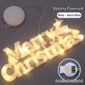 Letrero LED Merry Christmas blanco cálido con reno y caja de batería incluida - Alimentado por batería / Letrero Blanco