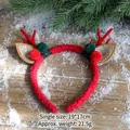 Serre-tête de renne de Noël en peluche rouge avec décoration festive de pompons - Serre-tête à pompons rouges et bleus