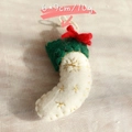Handmade wool felt Christmas stocking ornament with gold snowflake embroidery 6x9cm - White Boot Hanging Decoration